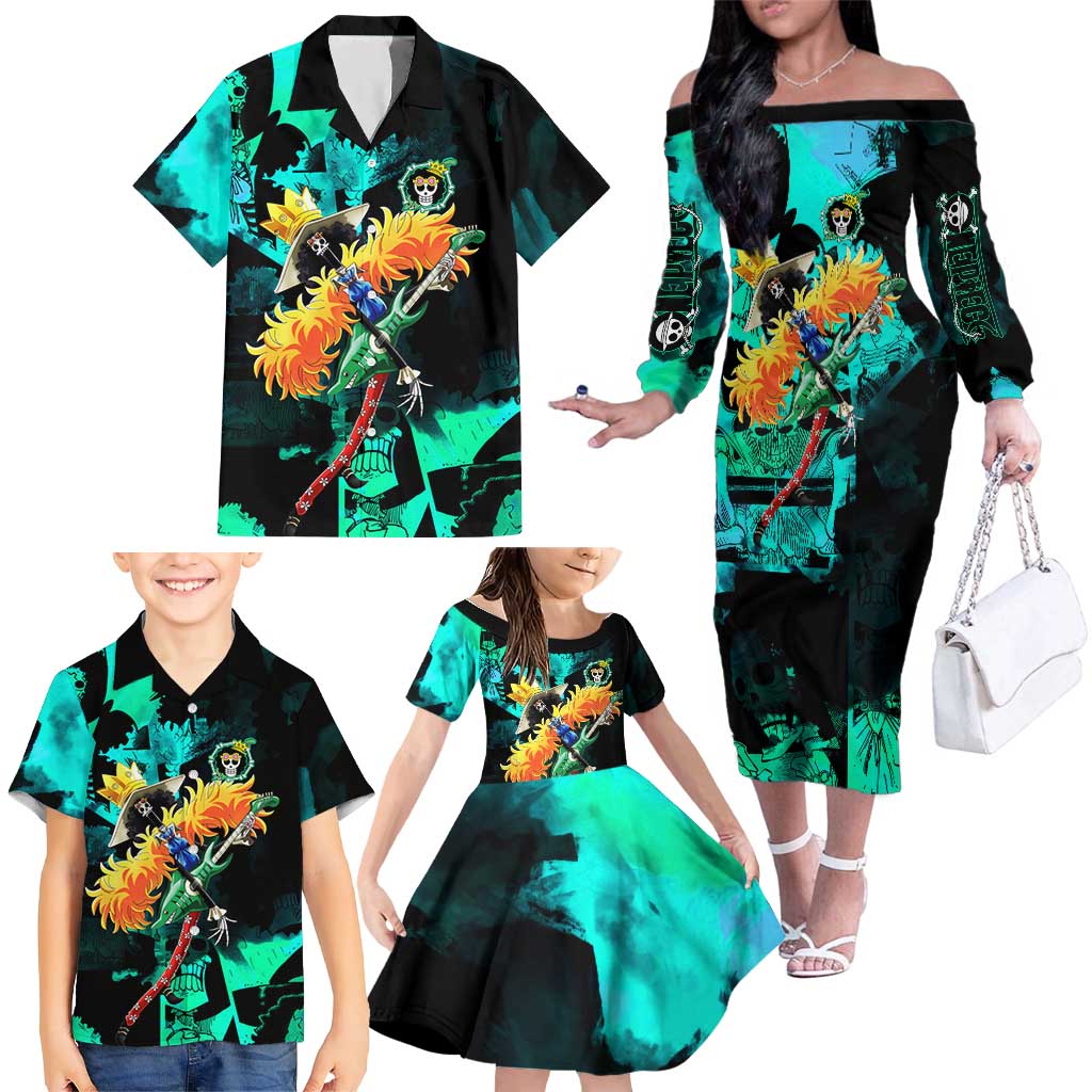 Brook One Piece Green and Black Theme Family Matching Off The Shoulder Long Sleeve Dress and Hawaiian Shirt with Soul King Guitar and Skeleton Jolly Roger Design