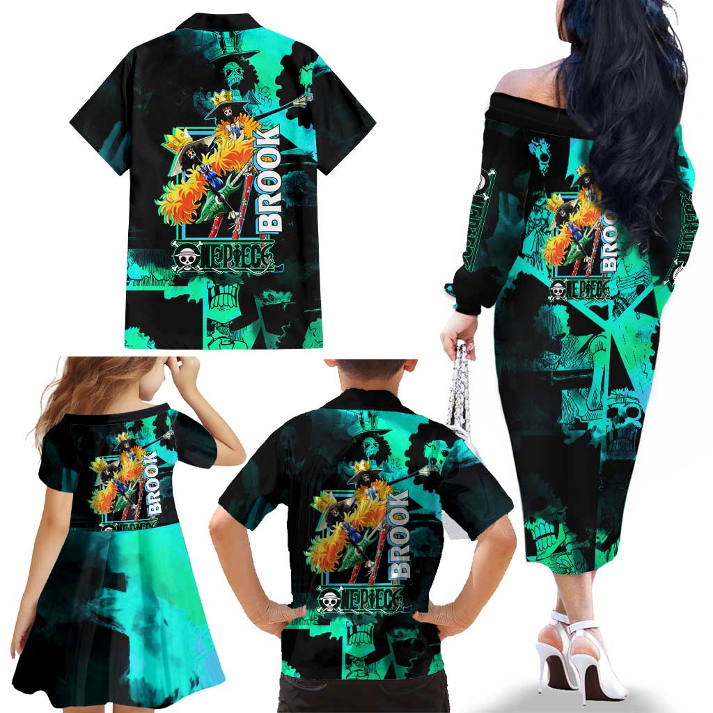 Brook One Piece Green and Black Theme Family Matching Off The Shoulder Long Sleeve Dress and Hawaiian Shirt with Soul King Guitar and Skeleton Jolly Roger Design