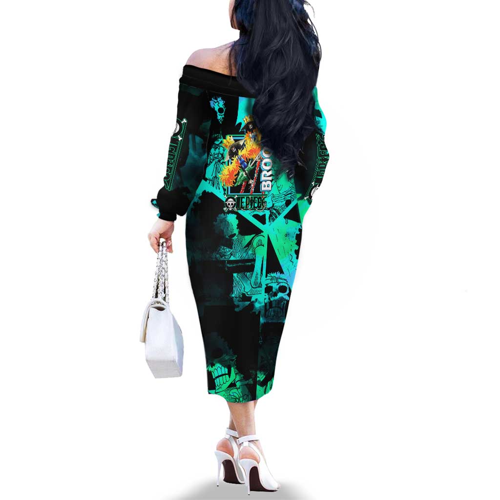 Brook One Piece Green and Black Theme Family Matching Off The Shoulder Long Sleeve Dress and Hawaiian Shirt with Soul King Guitar and Skeleton Jolly Roger Design