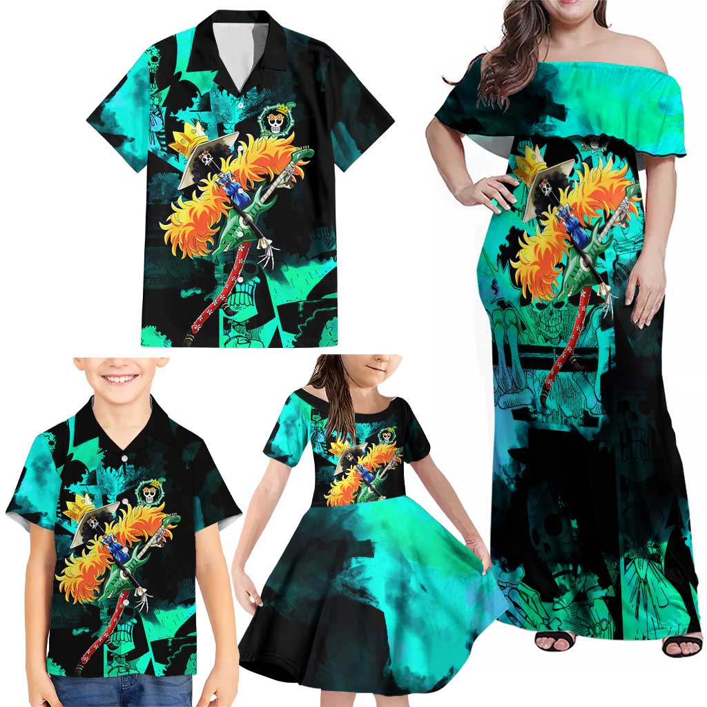 Brook One Piece Green and Black Theme Family Matching Off Shoulder Maxi Dress and Hawaiian Shirt with Soul King Guitar and Skeleton Jolly Roger Design