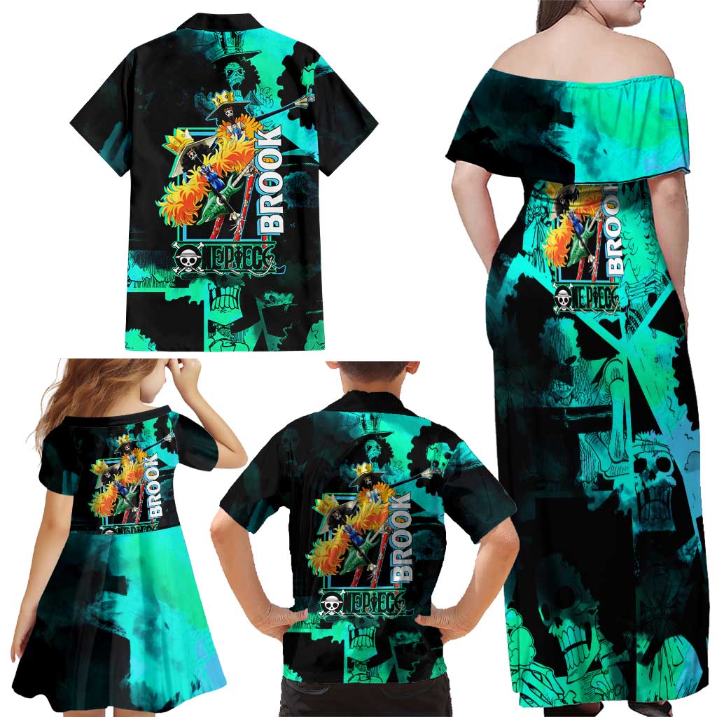 Brook One Piece Green and Black Theme Family Matching Off Shoulder Maxi Dress and Hawaiian Shirt with Soul King Guitar and Skeleton Jolly Roger Design