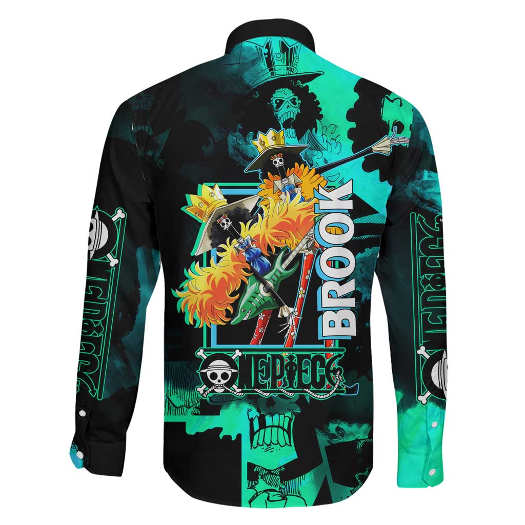 Brook One Piece Green and Black Theme Family Matching Off Shoulder Maxi Dress and Hawaiian Shirt with Soul King Guitar and Skeleton Jolly Roger Design
