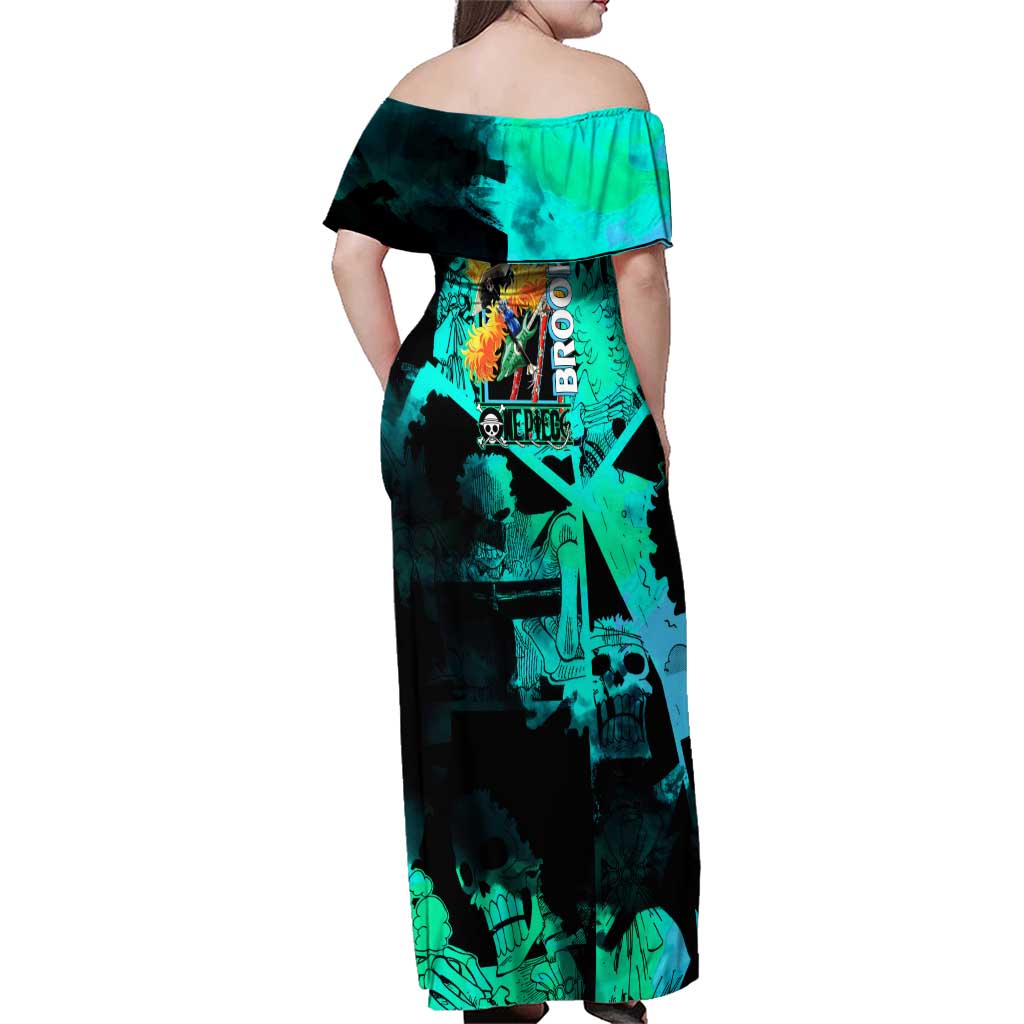 Brook One Piece Green and Black Theme Family Matching Off Shoulder Maxi Dress and Hawaiian Shirt with Soul King Guitar and Skeleton Jolly Roger Design