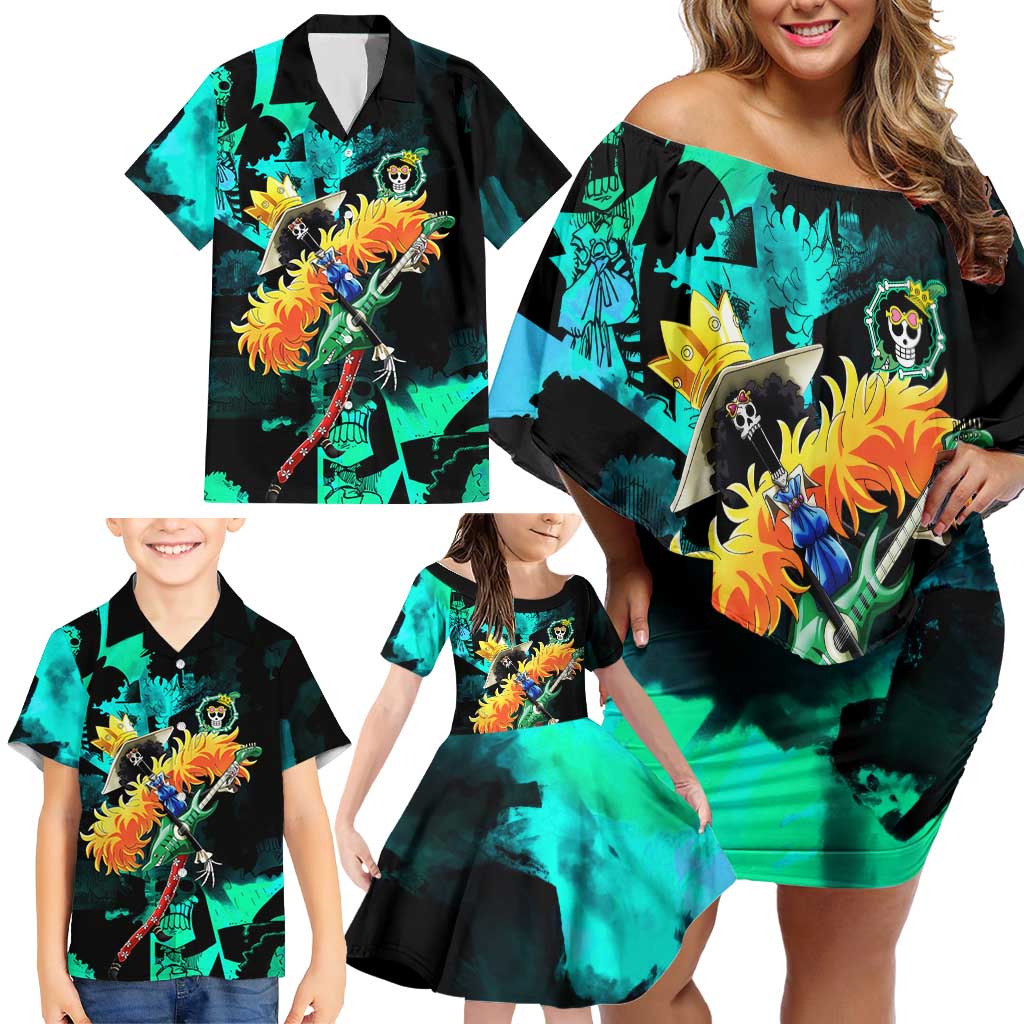 Brook One Piece Green and Black Theme Family Matching Off Shoulder Short Dress and Hawaiian Shirt with Soul King Guitar and Skeleton Jolly Roger Design