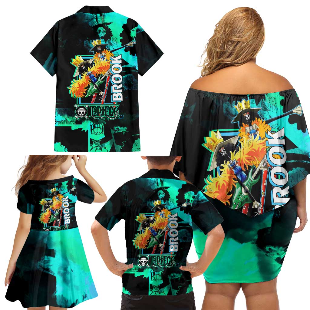 Brook One Piece Green and Black Theme Family Matching Off Shoulder Short Dress and Hawaiian Shirt with Soul King Guitar and Skeleton Jolly Roger Design