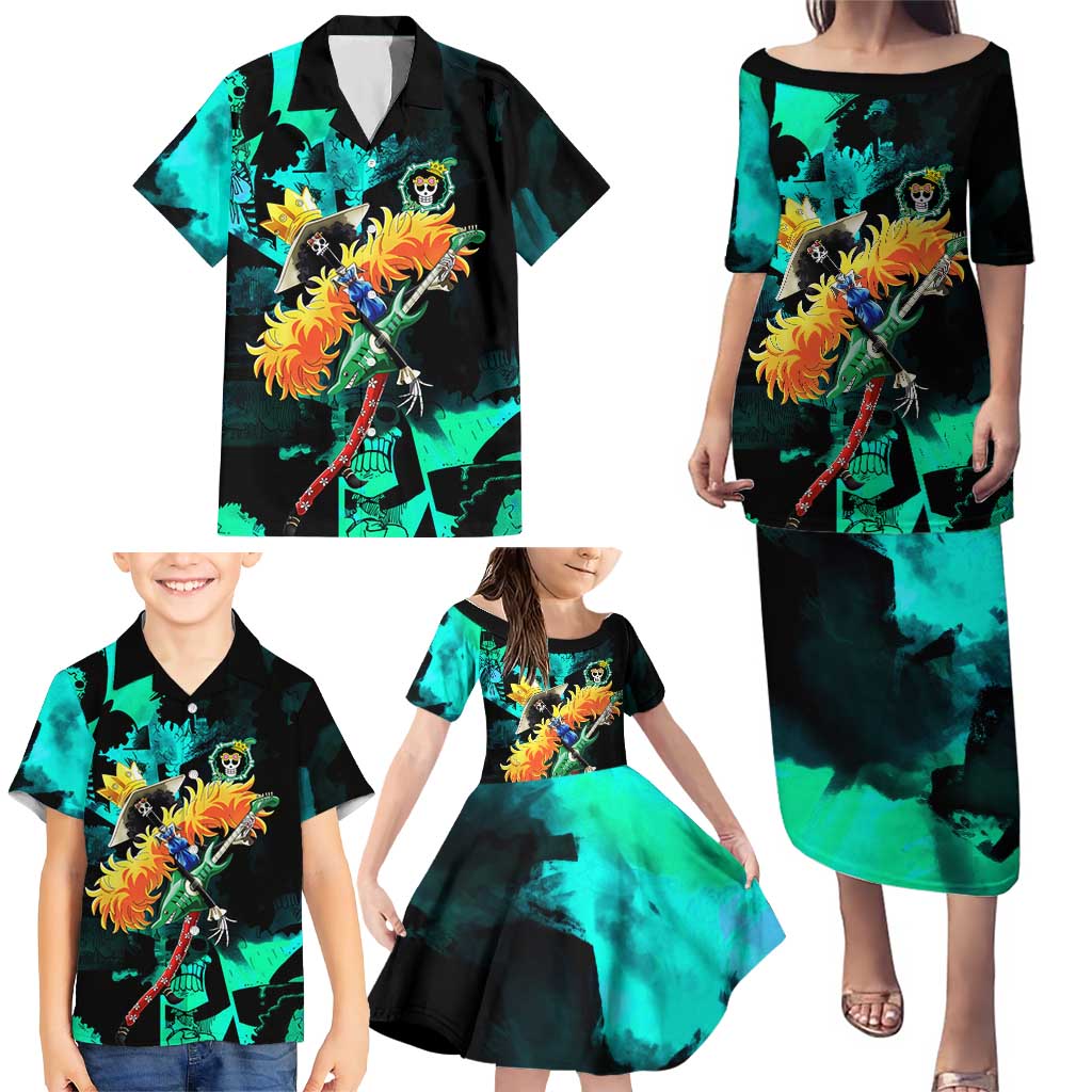 Brook One Piece Green and Black Theme Family Matching Puletasi and Hawaiian Shirt with Soul King Guitar and Skeleton Jolly Roger Design