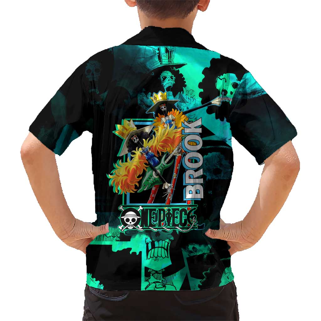 Brook One Piece Green and Black Theme Family Matching Puletasi and Hawaiian Shirt with Soul King Guitar and Skeleton Jolly Roger Design