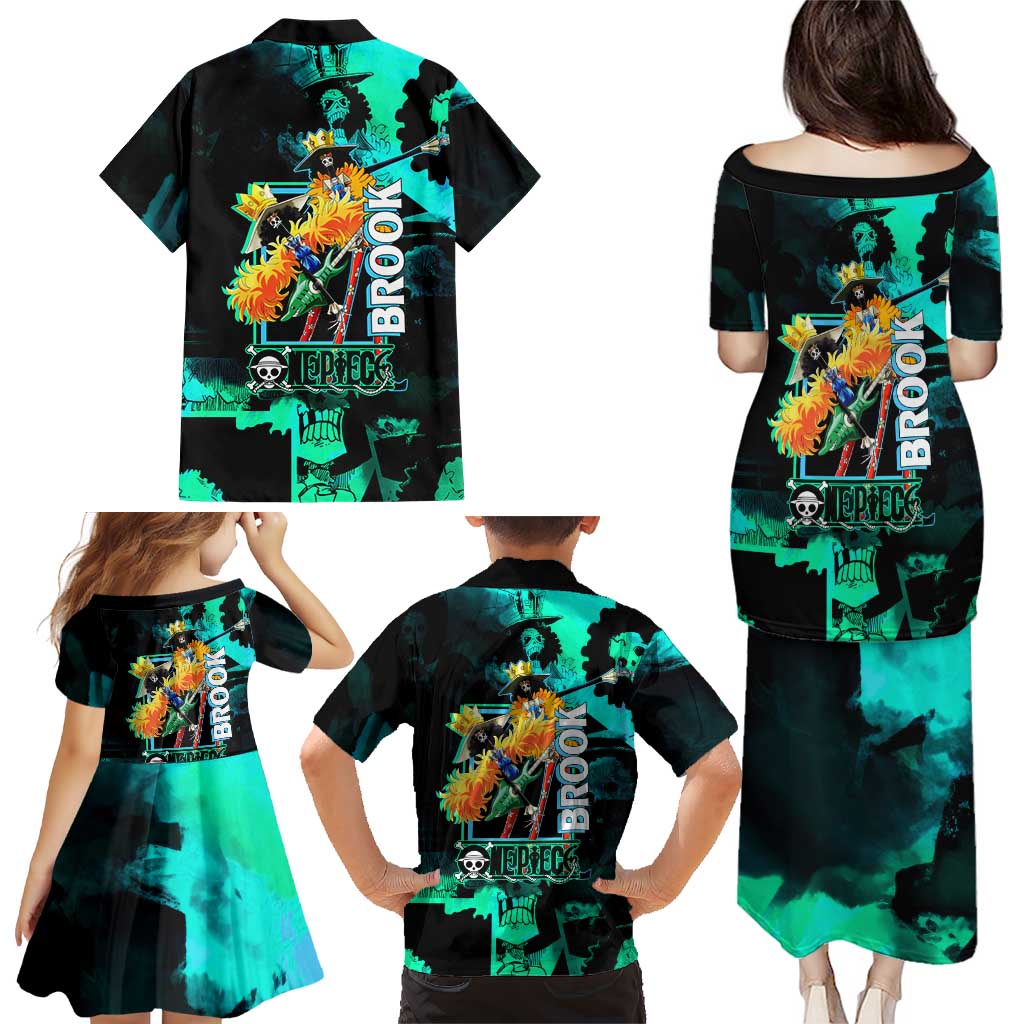 Brook One Piece Green and Black Theme Family Matching Puletasi and Hawaiian Shirt with Soul King Guitar and Skeleton Jolly Roger Design