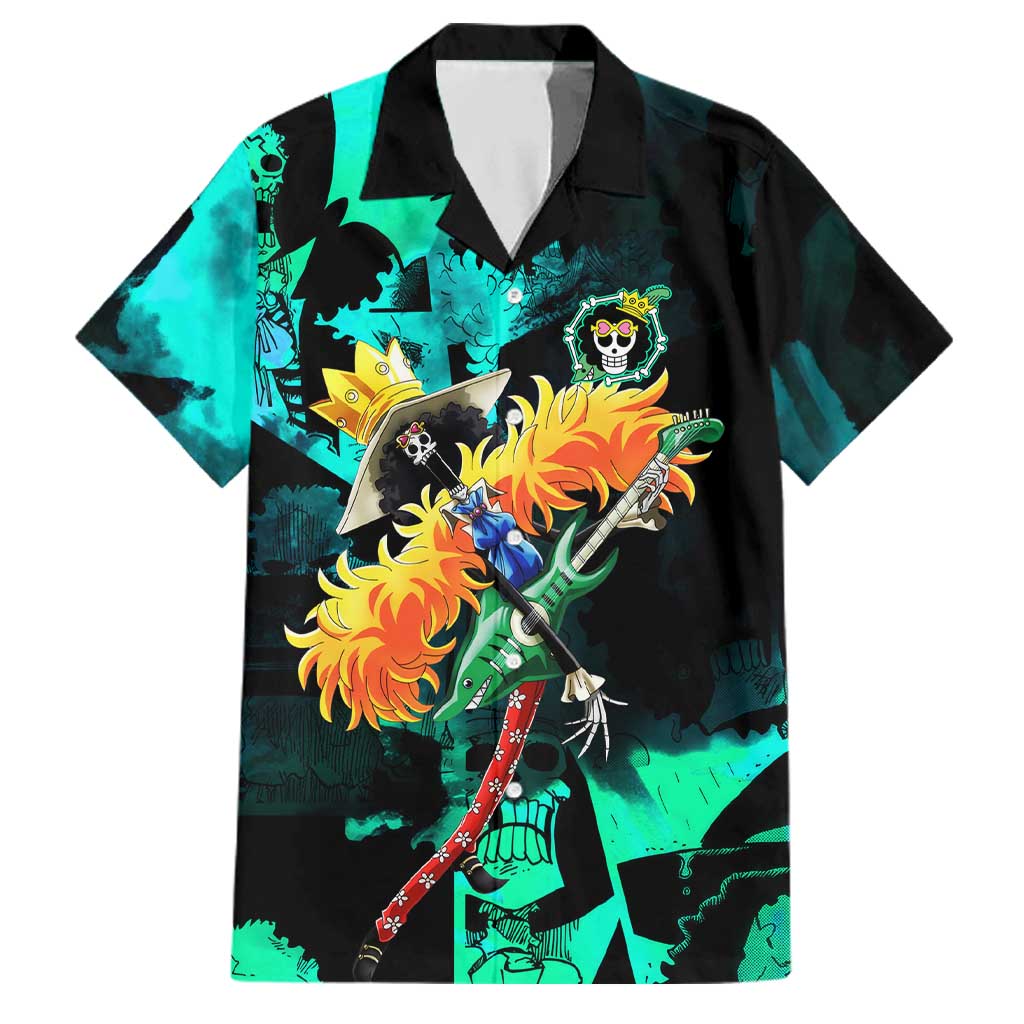 Brook One Piece Green and Black Theme Family Matching Puletasi and Hawaiian Shirt with Soul King Guitar and Skeleton Jolly Roger Design