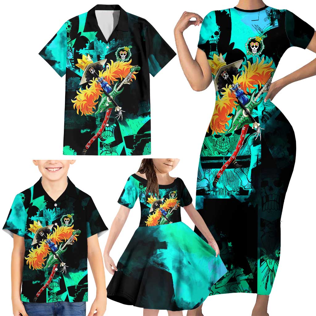 Brook One Piece Green and Black Theme Family Matching Short Sleeve Bodycon Dress and Hawaiian Shirt with Soul King Guitar and Skeleton Jolly Roger Design