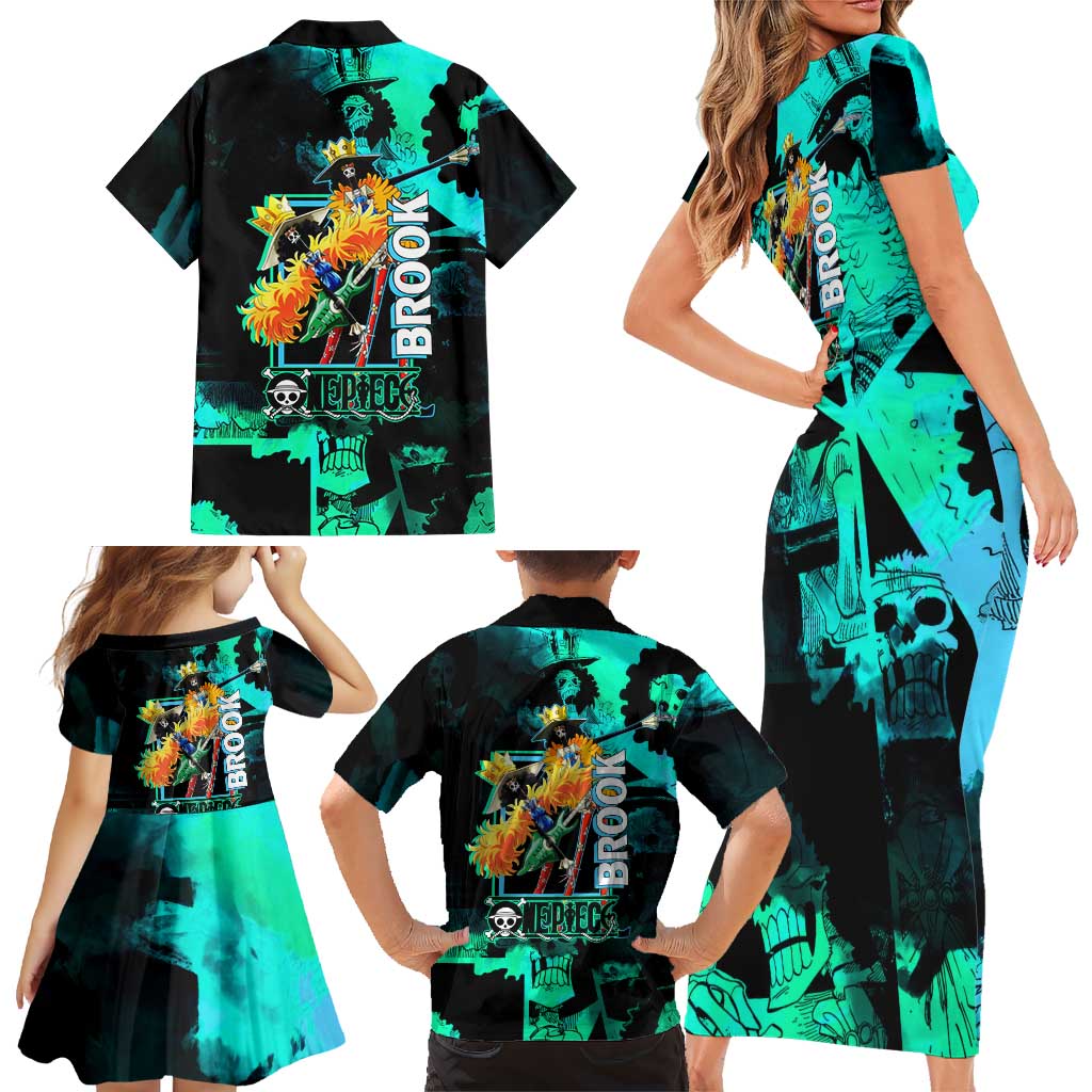 Brook One Piece Green and Black Theme Family Matching Short Sleeve Bodycon Dress and Hawaiian Shirt with Soul King Guitar and Skeleton Jolly Roger Design