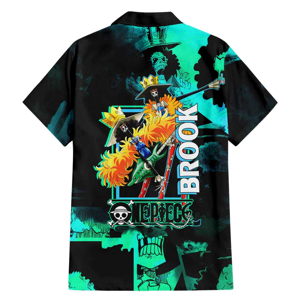 Brook One Piece Green and Black Theme Family Matching Short Sleeve Bodycon Dress and Hawaiian Shirt with Soul King Guitar and Skeleton Jolly Roger Design
