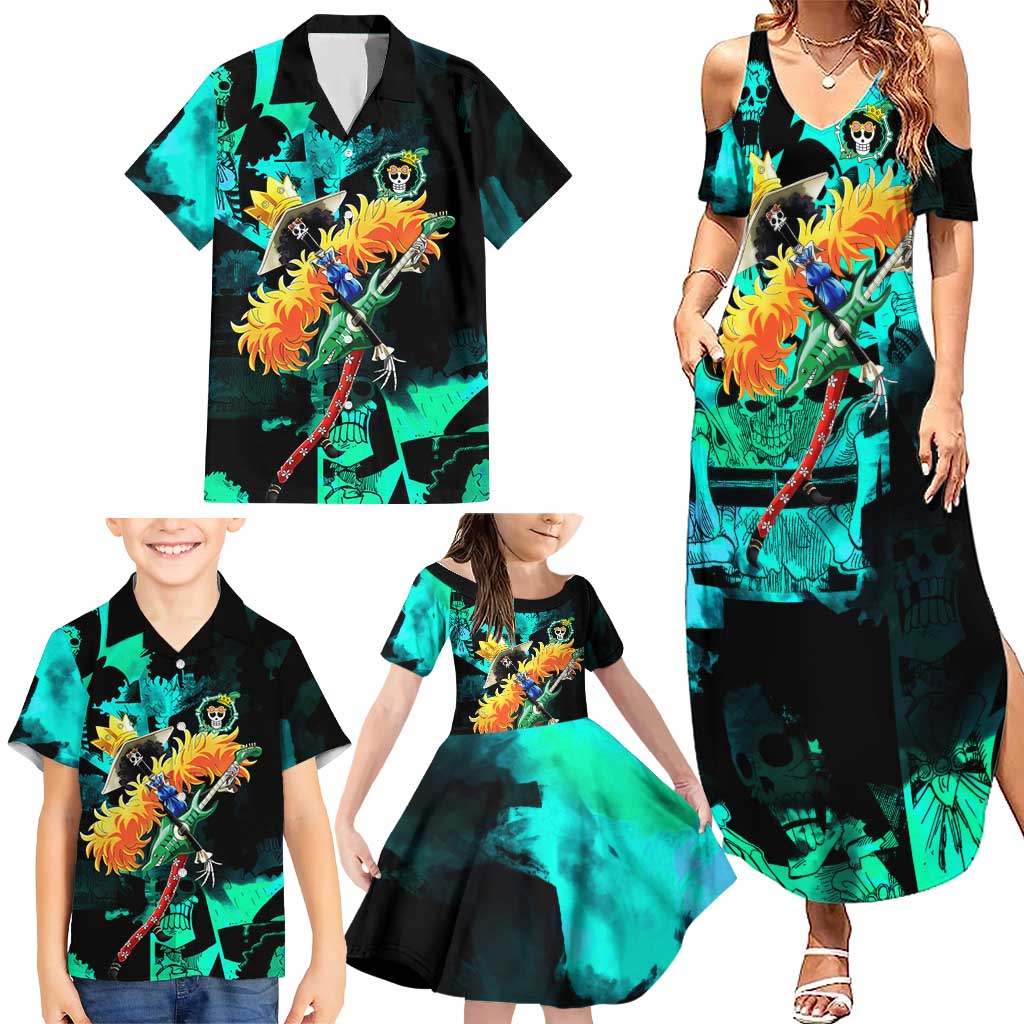 Brook One Piece Green and Black Theme Family Matching Summer Maxi Dress and Hawaiian Shirt with Soul King Guitar and Skeleton Jolly Roger Design