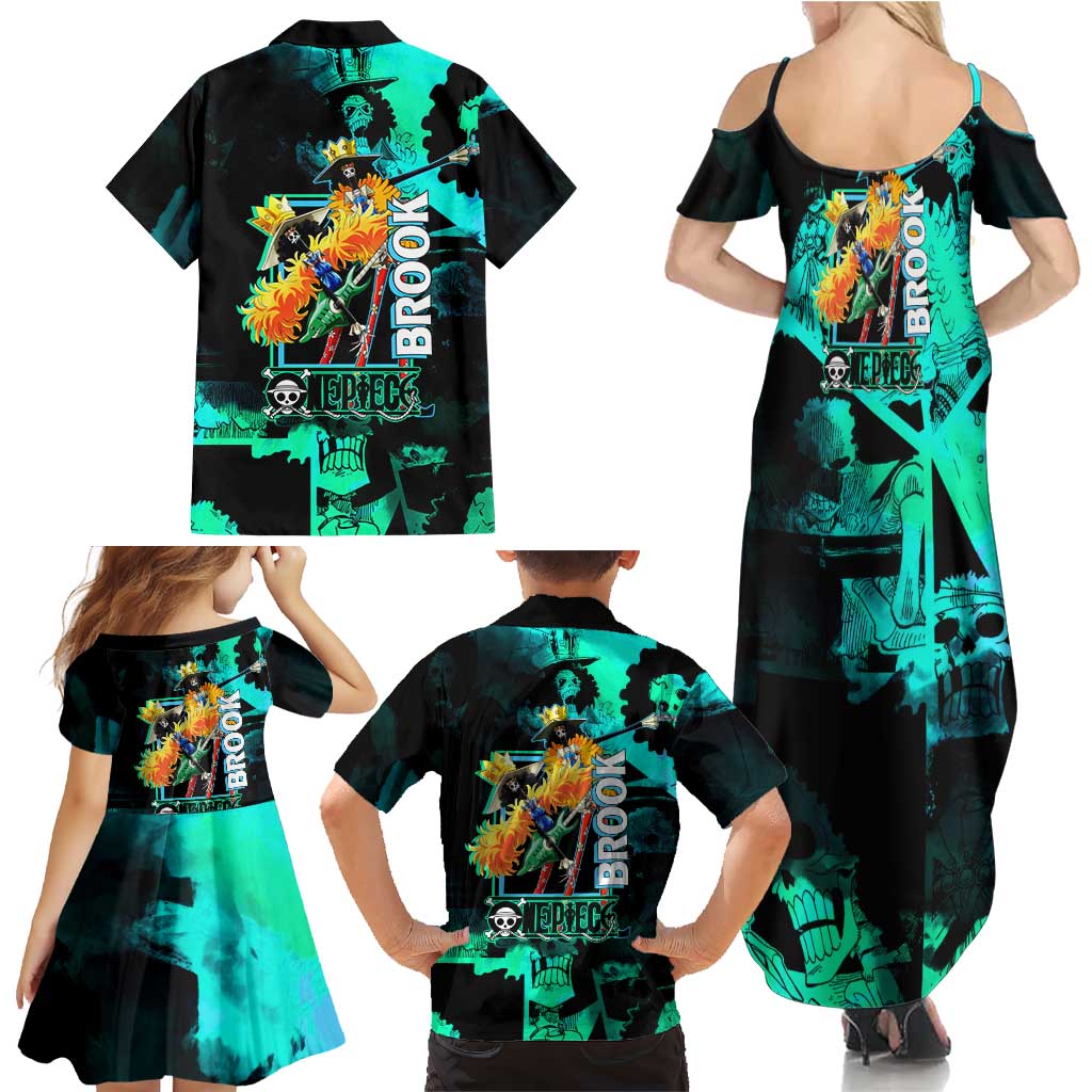 Brook One Piece Green and Black Theme Family Matching Summer Maxi Dress and Hawaiian Shirt with Soul King Guitar and Skeleton Jolly Roger Design