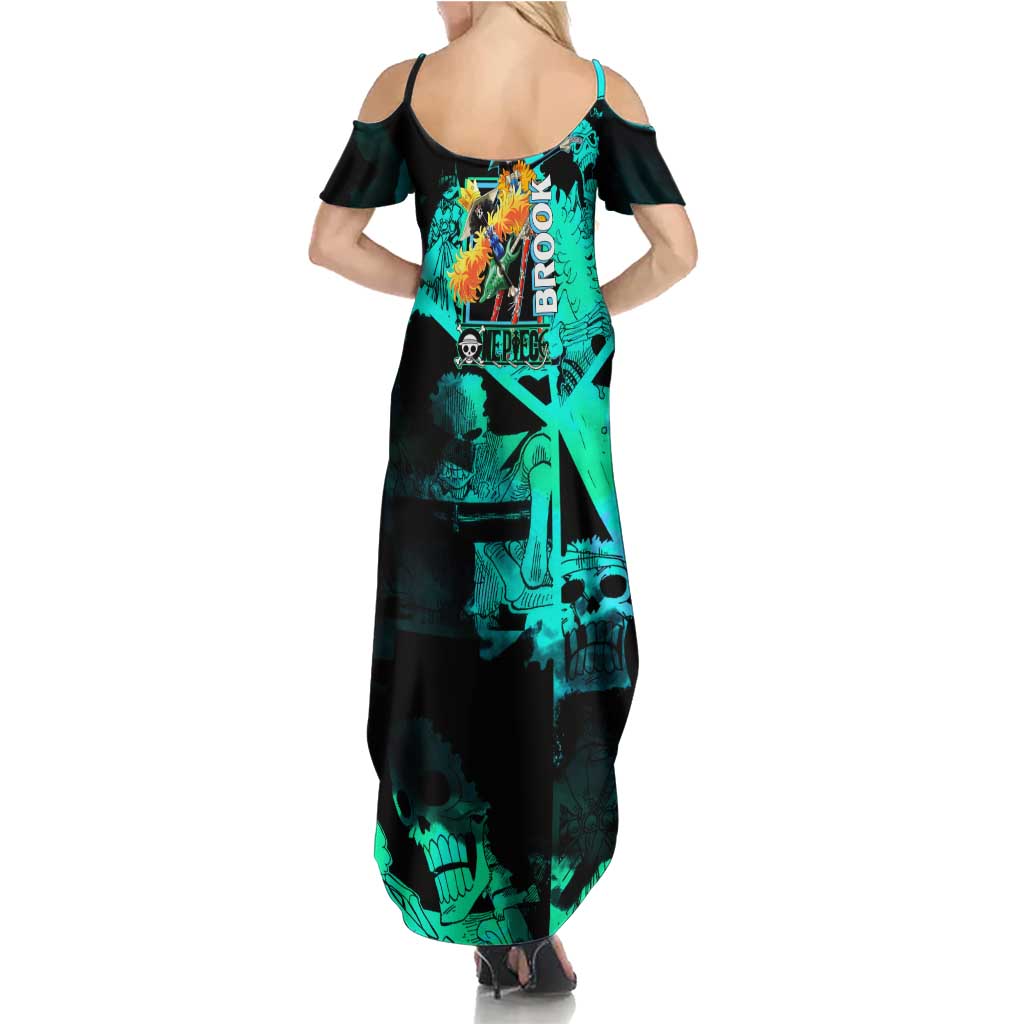 Brook One Piece Green and Black Theme Family Matching Summer Maxi Dress and Hawaiian Shirt with Soul King Guitar and Skeleton Jolly Roger Design