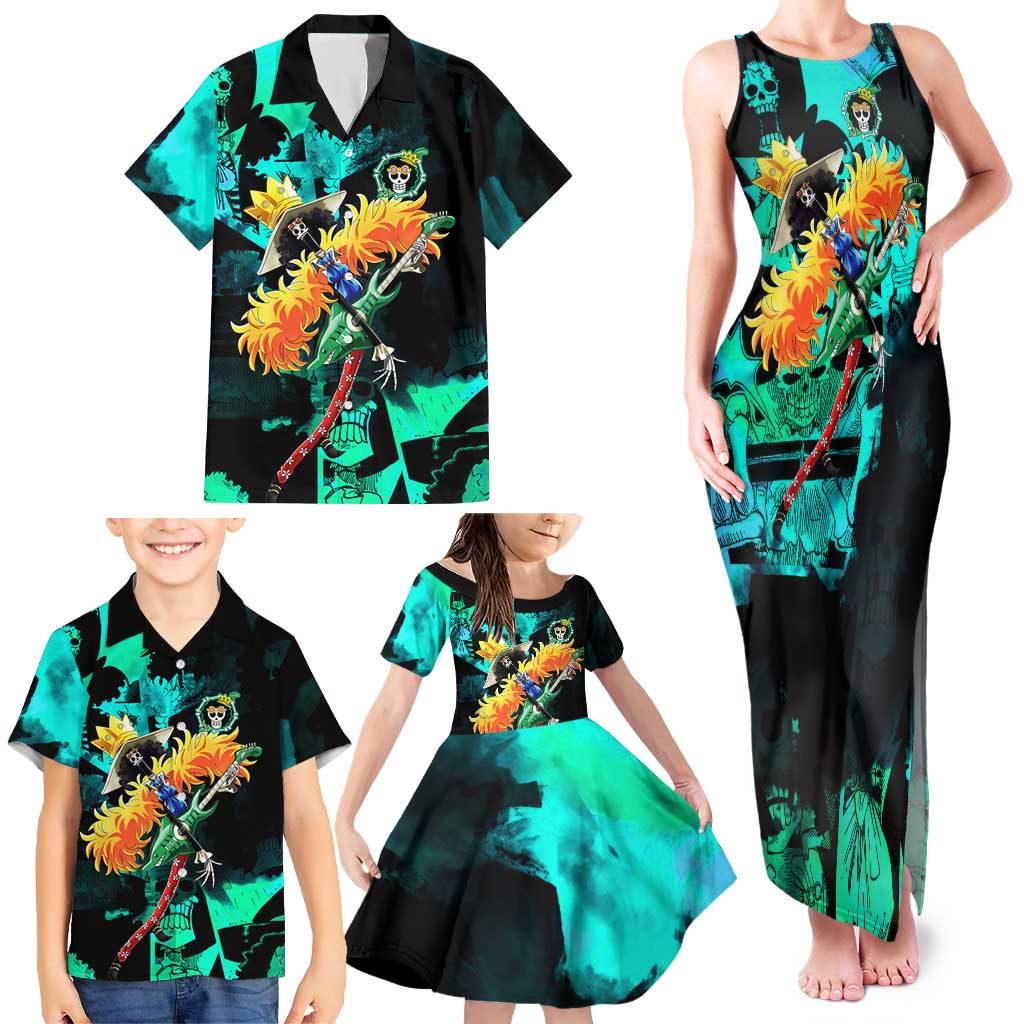 Brook One Piece Green and Black Theme Family Matching Tank Maxi Dress and Hawaiian Shirt with Soul King Guitar and Skeleton Jolly Roger Design