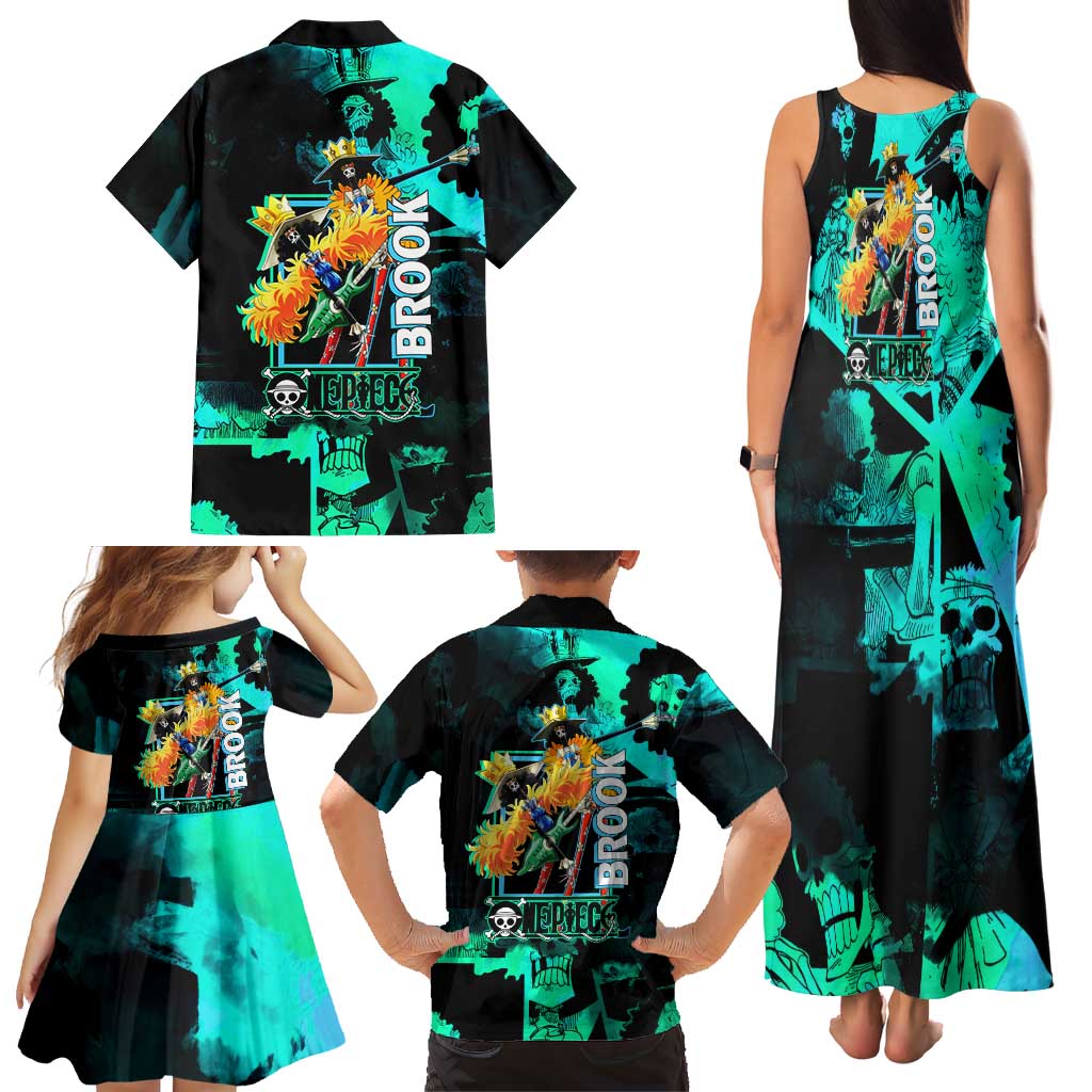 Brook One Piece Green and Black Theme Family Matching Tank Maxi Dress and Hawaiian Shirt with Soul King Guitar and Skeleton Jolly Roger Design