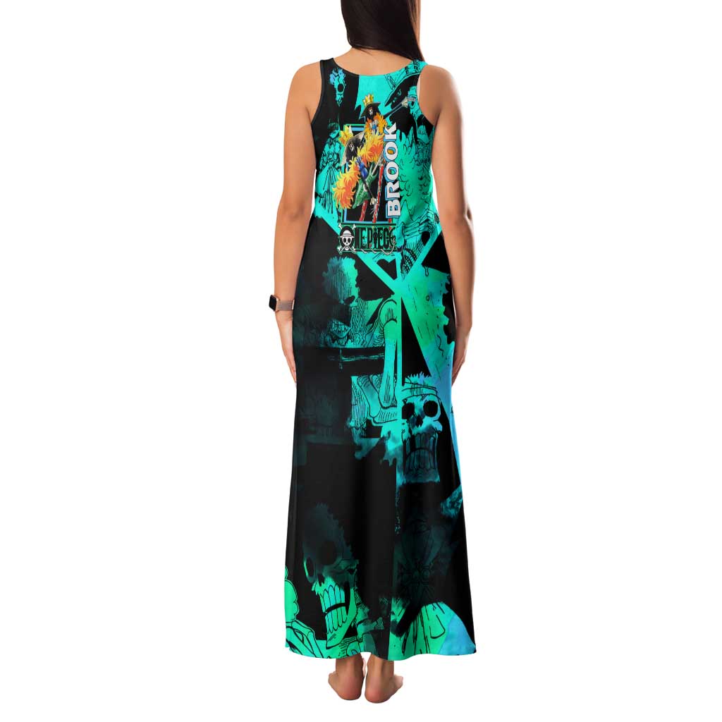 Brook One Piece Green and Black Theme Family Matching Tank Maxi Dress and Hawaiian Shirt with Soul King Guitar and Skeleton Jolly Roger Design