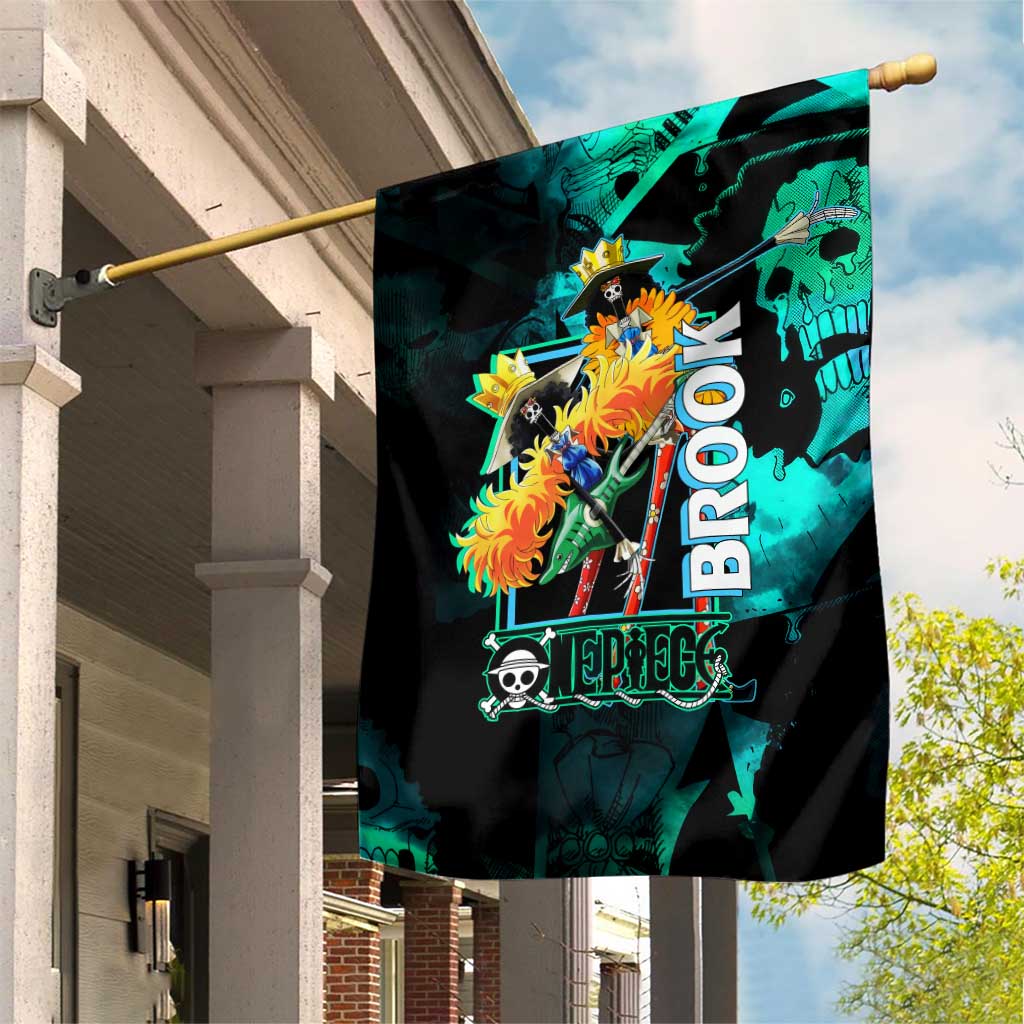 Brook One Piece Green and Black Theme Garden Flag with Soul King Guitar and Skeleton Jolly Roger Design - The Mazicc