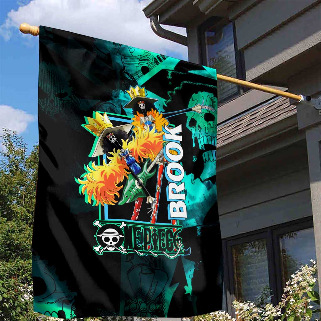 Brook One Piece Green and Black Theme Garden Flag with Soul King Guitar and Skeleton Jolly Roger Design - The Mazicc