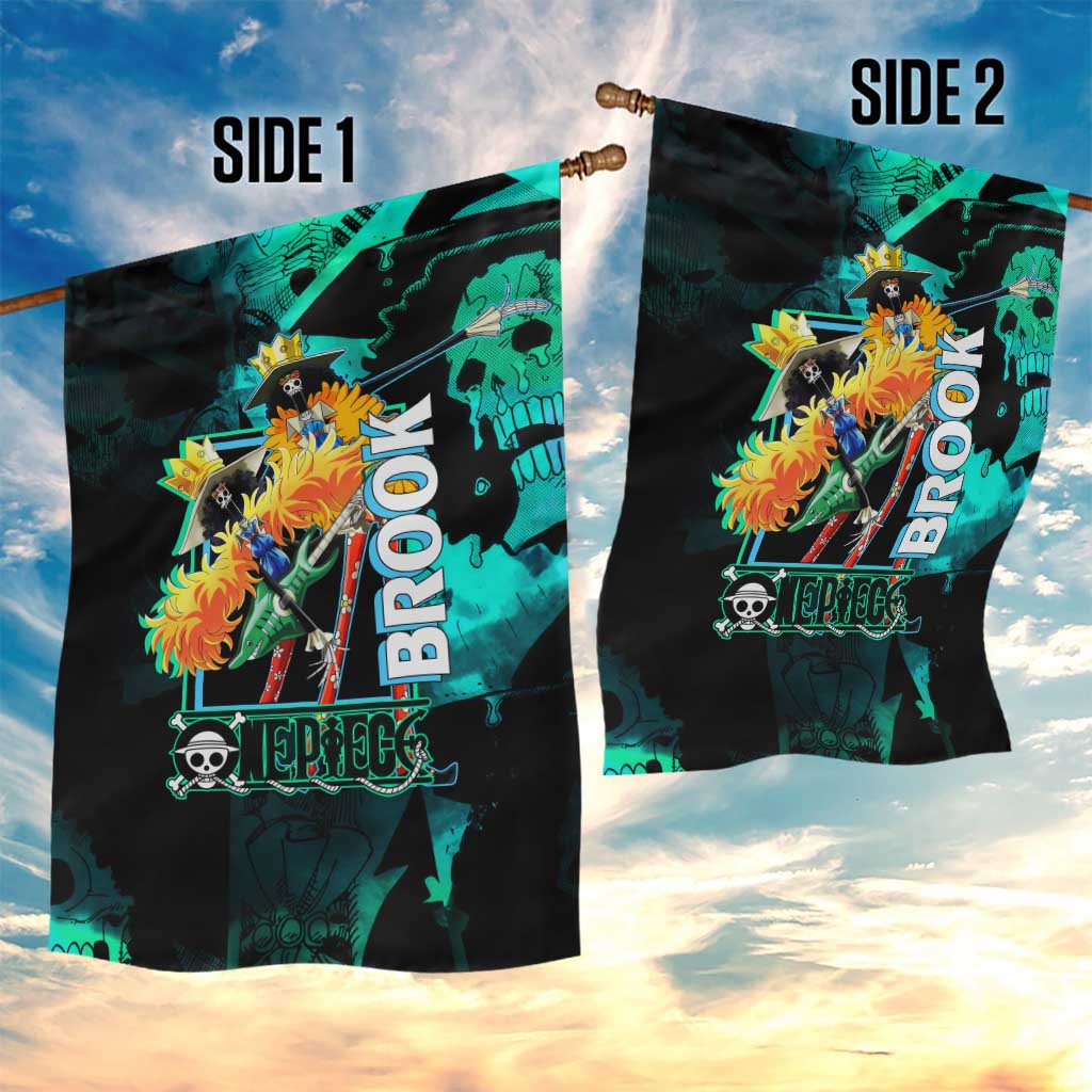 Brook One Piece Green and Black Theme Garden Flag with Soul King Guitar and Skeleton Jolly Roger Design - The Mazicc