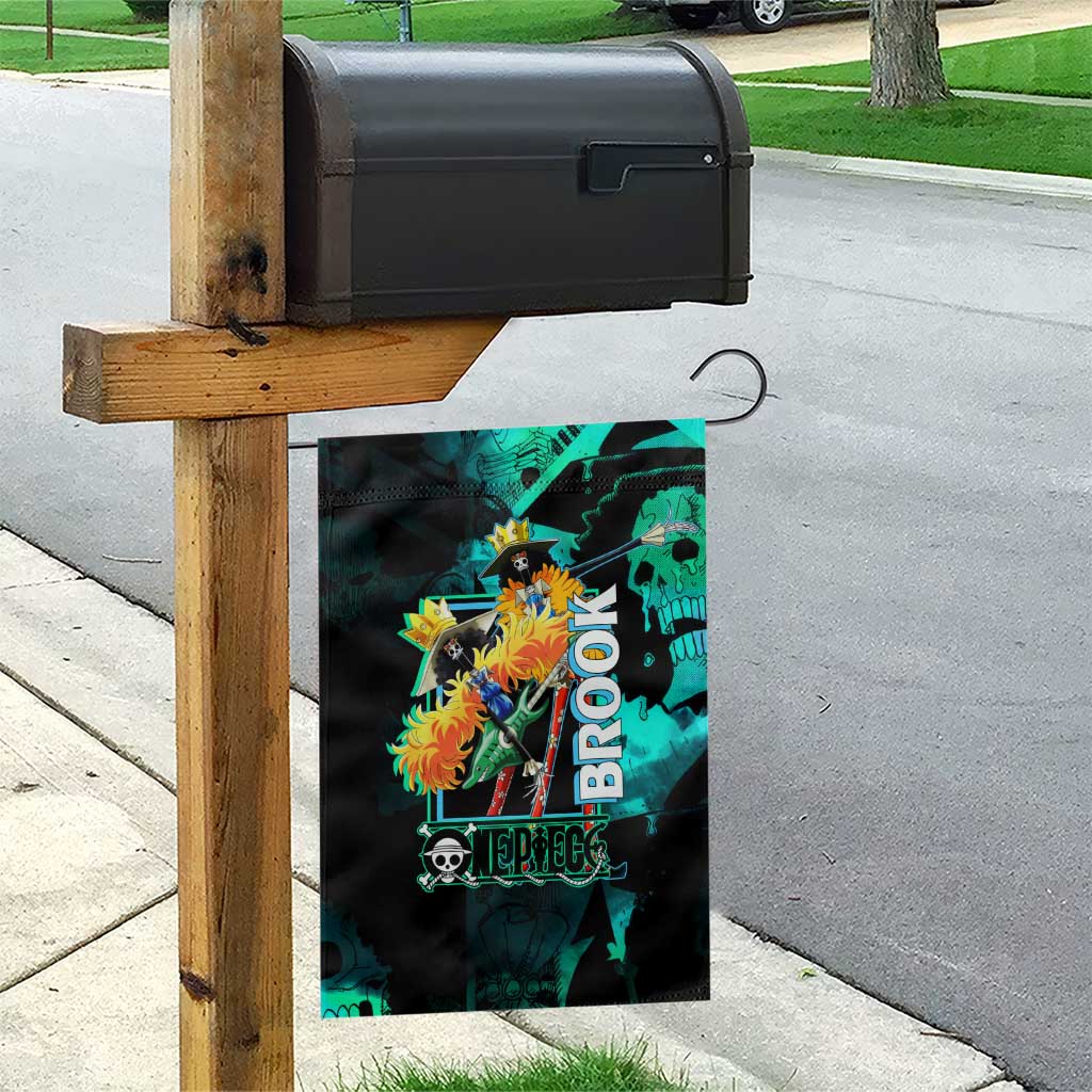 Brook One Piece Green and Black Theme Garden Flag with Soul King Guitar and Skeleton Jolly Roger Design - The Mazicc