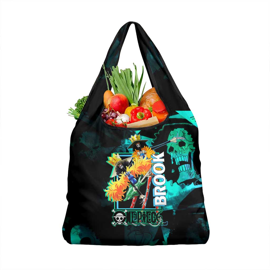 Brook One Piece Green and Black Theme Grocery Bag with Soul King Guitar and Skeleton Jolly Roger Design - The Mazicc