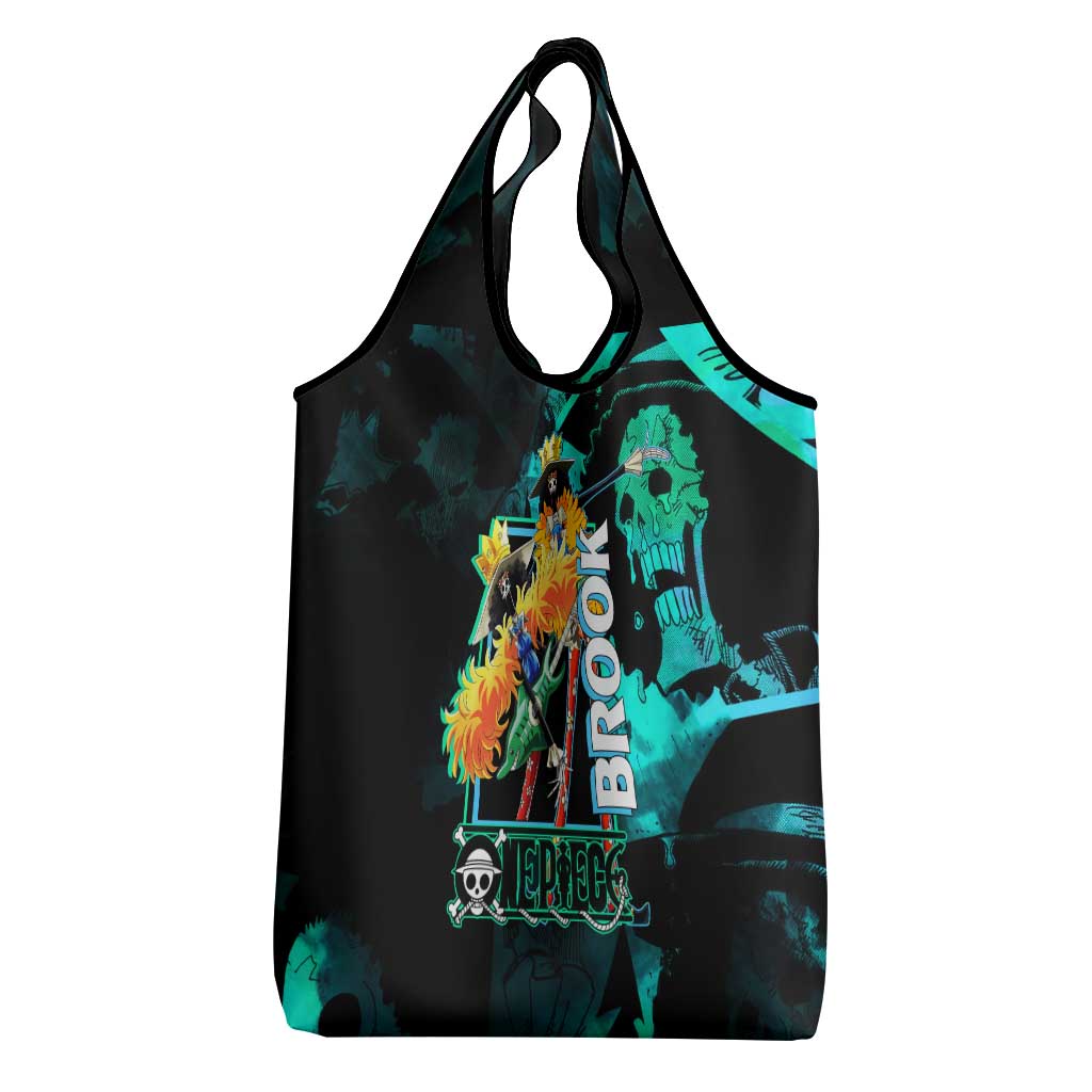 Brook One Piece Green and Black Theme Grocery Bag with Soul King Guitar and Skeleton Jolly Roger Design - The Mazicc