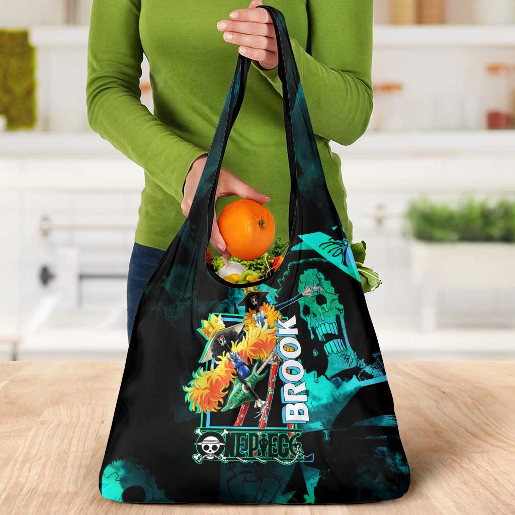 Brook One Piece Green and Black Theme Grocery Bag with Soul King Guitar and Skeleton Jolly Roger Design - The Mazicc