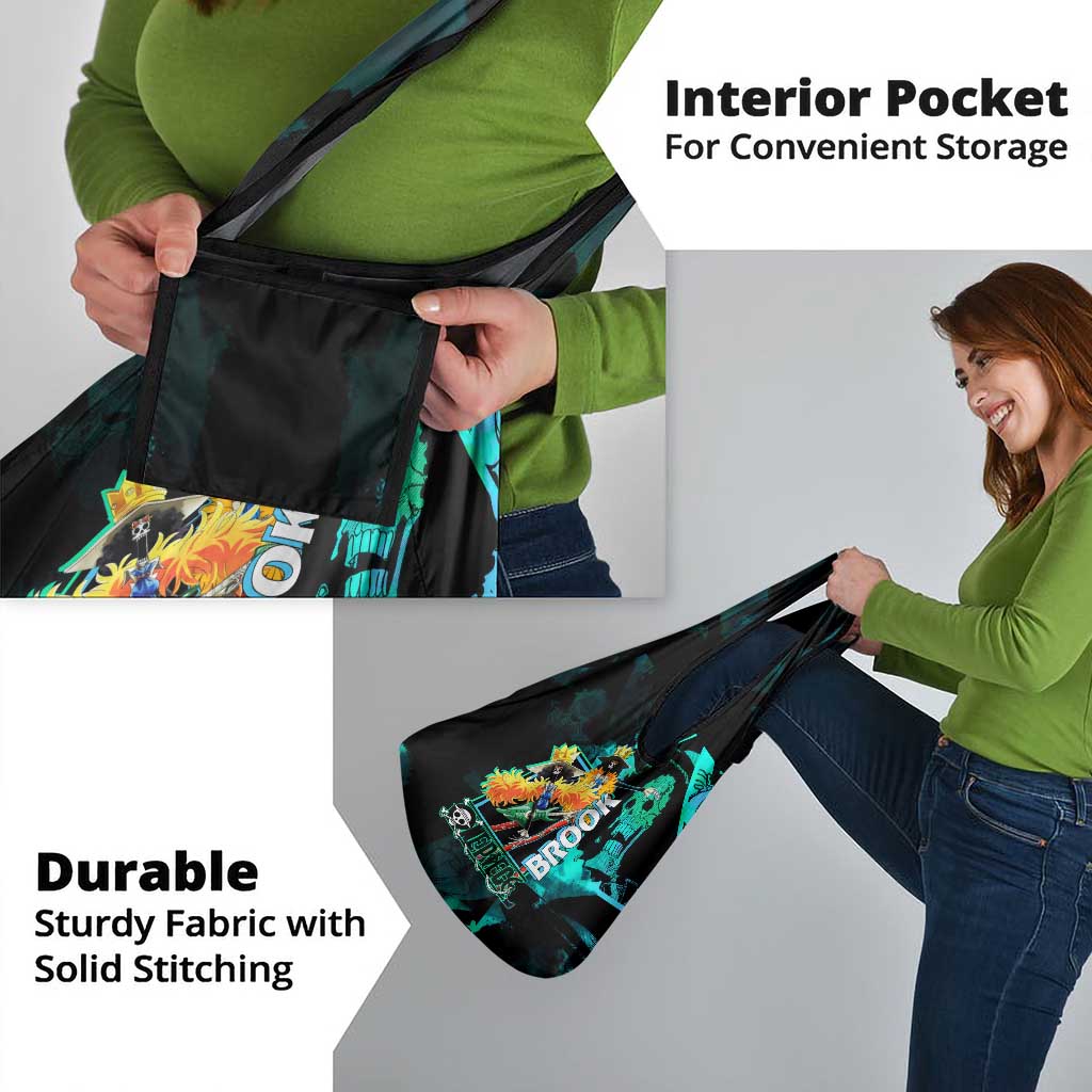 Brook One Piece Green and Black Theme Grocery Bag with Soul King Guitar and Skeleton Jolly Roger Design - The Mazicc