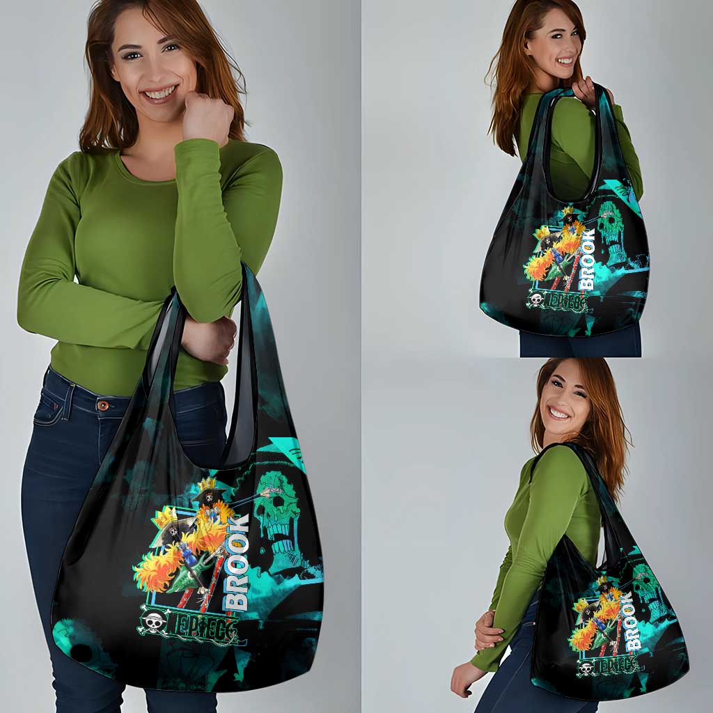 Brook One Piece Green and Black Theme Grocery Bag with Soul King Guitar and Skeleton Jolly Roger Design - The Mazicc