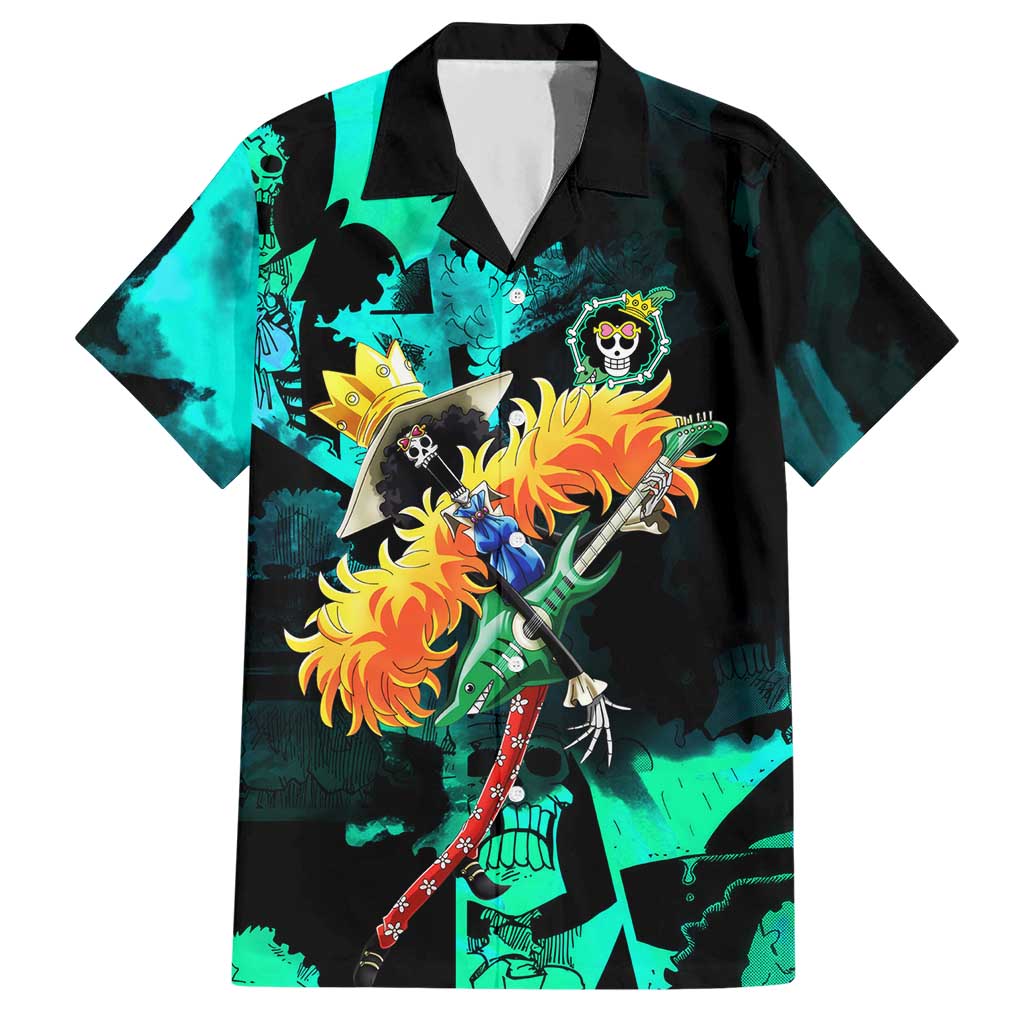 Brook One Piece Green and Black Theme Hawaiian Shirt with Soul King Guitar and Skeleton Jolly Roger Design - The Mazicc