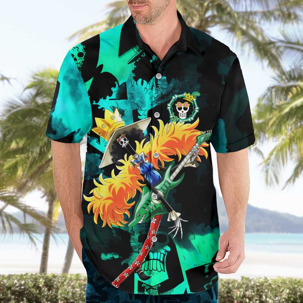 Brook One Piece Green and Black Theme Hawaiian Shirt with Soul King Guitar and Skeleton Jolly Roger Design - The Mazicc