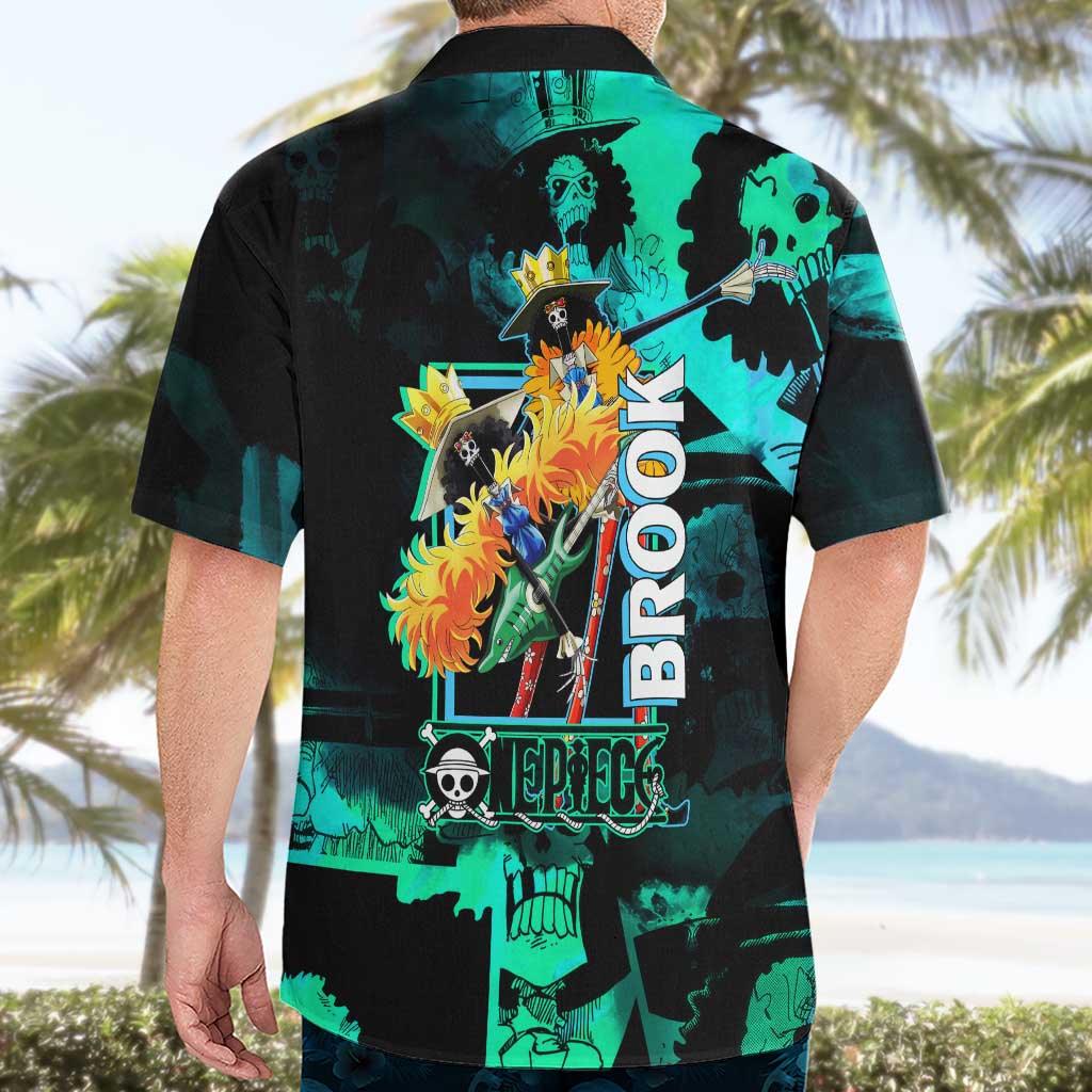 Brook One Piece Green and Black Theme Hawaiian Shirt with Soul King Guitar and Skeleton Jolly Roger Design - The Mazicc