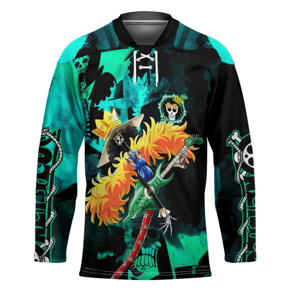 Brook One Piece Green and Black Theme Hockey Jersey with Soul King Guitar and Skeleton Jolly Roger Design - The Mazicc