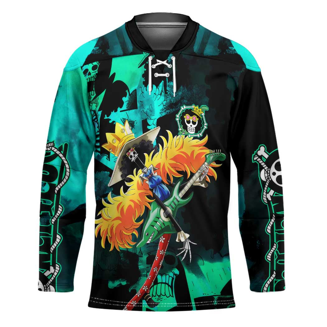 Brook One Piece Green and Black Theme Hockey Jersey with Soul King Guitar and Skeleton Jolly Roger Design - The Mazicc