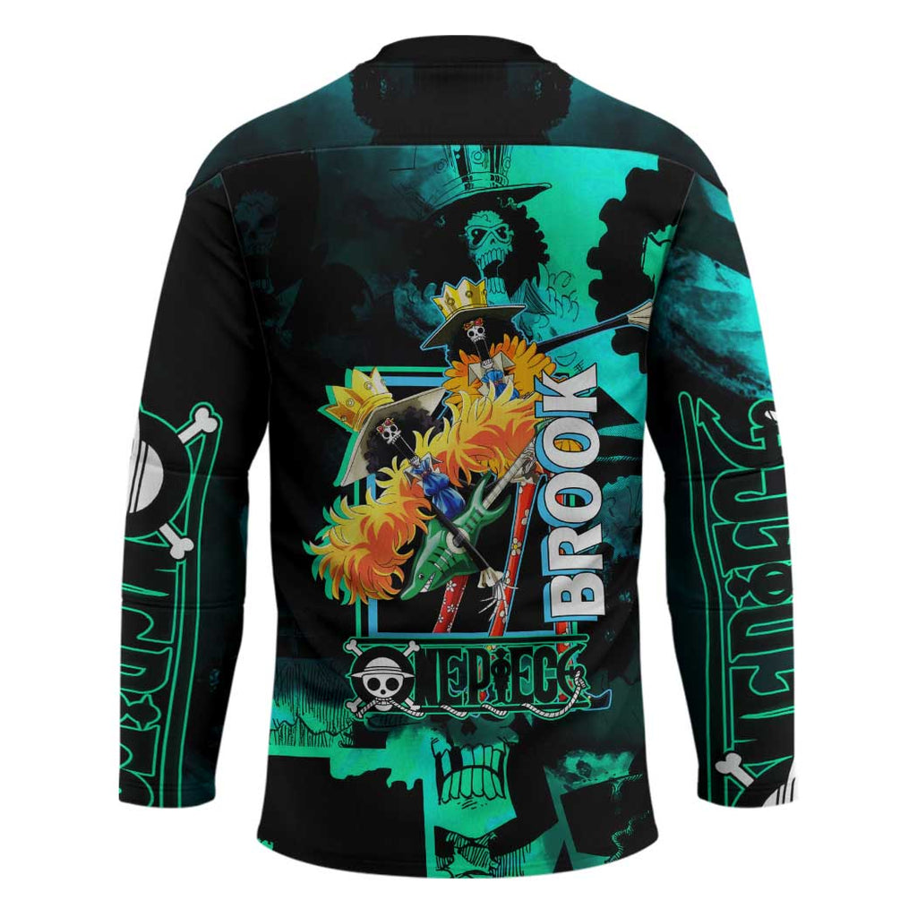 Brook One Piece Green and Black Theme Hockey Jersey with Soul King Guitar and Skeleton Jolly Roger Design - The Mazicc