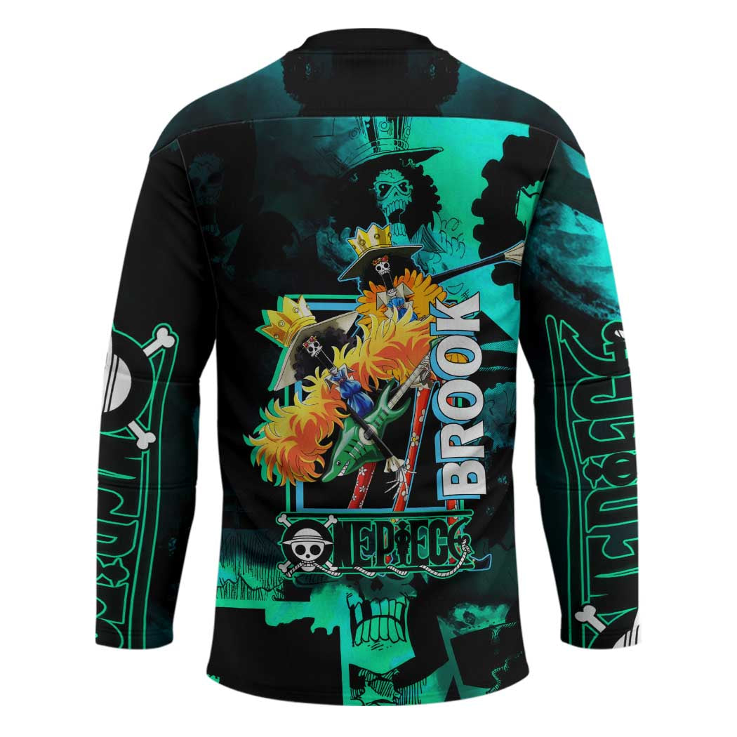 Brook One Piece Green and Black Theme Hockey Jersey with Soul King Guitar and Skeleton Jolly Roger Design - The Mazicc