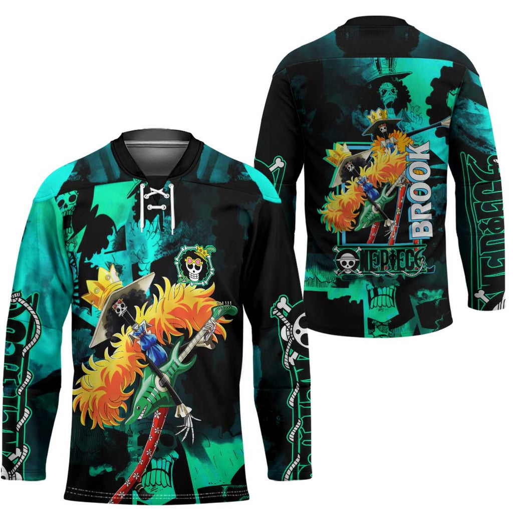 Brook One Piece Green and Black Theme Hockey Jersey with Soul King Guitar and Skeleton Jolly Roger Design - The Mazicc