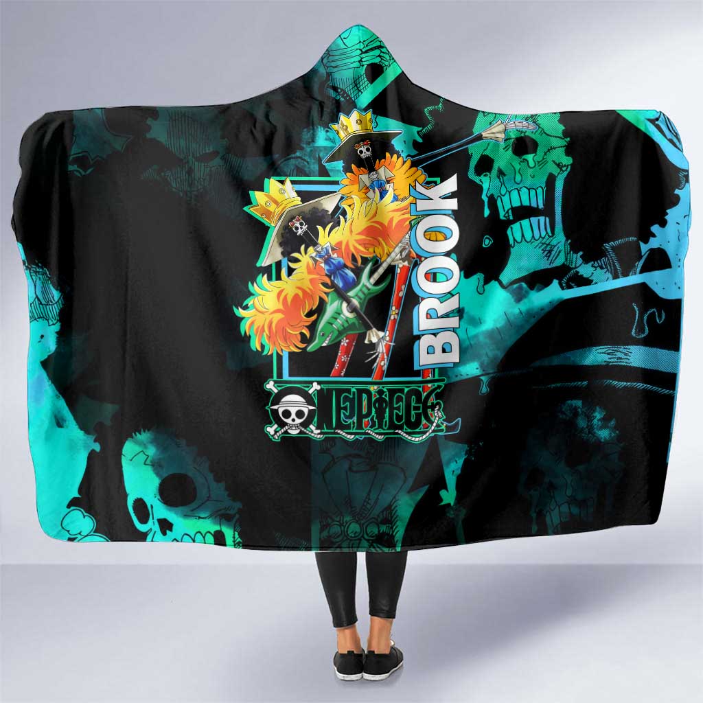 Brook One Piece Green and Black Theme Hooded Blanket with Soul King Guitar and Skeleton Jolly Roger Design - The Mazicc