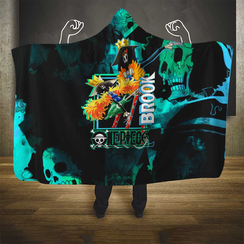 Brook One Piece Green and Black Theme Hooded Blanket with Soul King Guitar and Skeleton Jolly Roger Design - The Mazicc