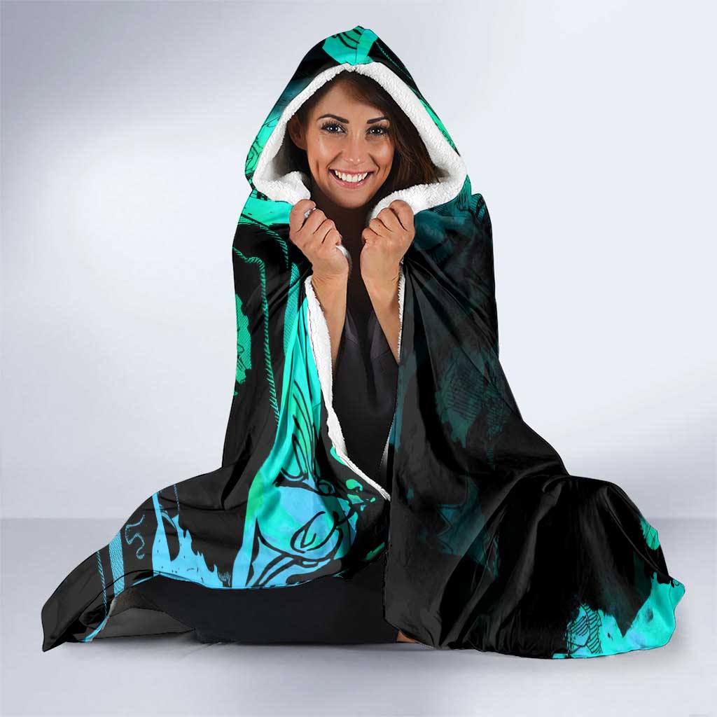 Brook One Piece Green and Black Theme Hooded Blanket with Soul King Guitar and Skeleton Jolly Roger Design - The Mazicc