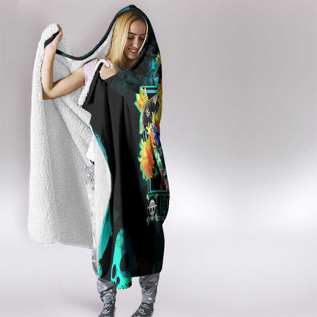 Brook One Piece Green and Black Theme Hooded Blanket with Soul King Guitar and Skeleton Jolly Roger Design - The Mazicc