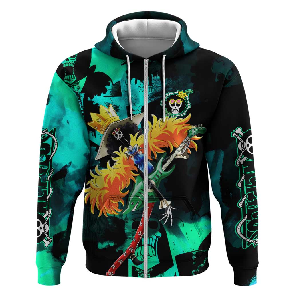 Brook One Piece Green and Black Theme Hoodie with Soul King Guitar and Skeleton Jolly Roger Design - The Mazicc