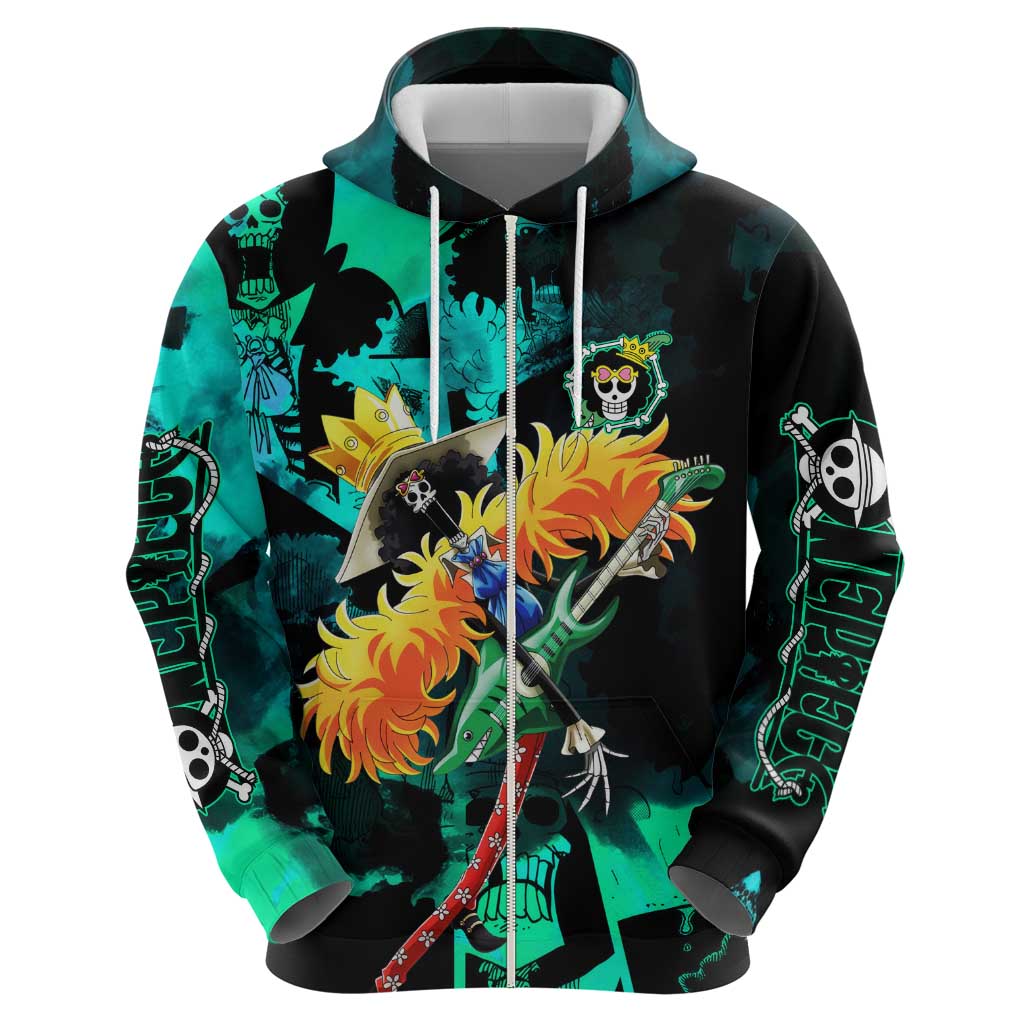 Brook One Piece Green and Black Theme Hoodie with Soul King Guitar and Skeleton Jolly Roger Design - The Mazicc