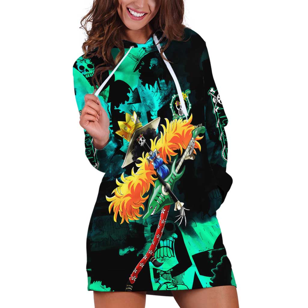 Brook One Piece Green and Black Theme Hoodie Dress with Soul King Guitar and Skeleton Jolly Roger Design - The Mazicc