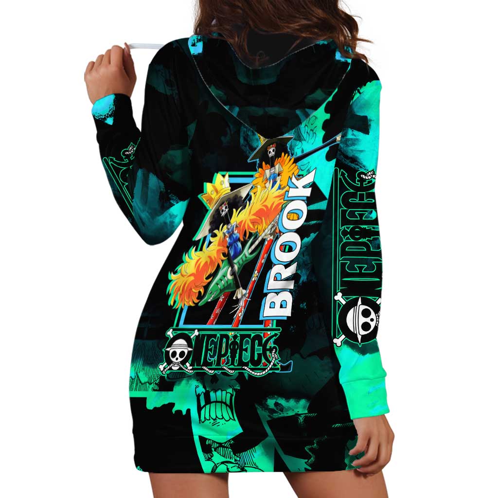 Brook One Piece Green and Black Theme Hoodie Dress with Soul King Guitar and Skeleton Jolly Roger Design - The Mazicc