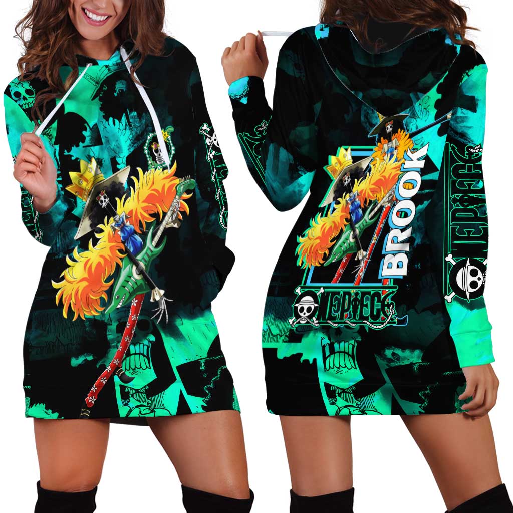 Brook One Piece Green and Black Theme Hoodie Dress with Soul King Guitar and Skeleton Jolly Roger Design - The Mazicc