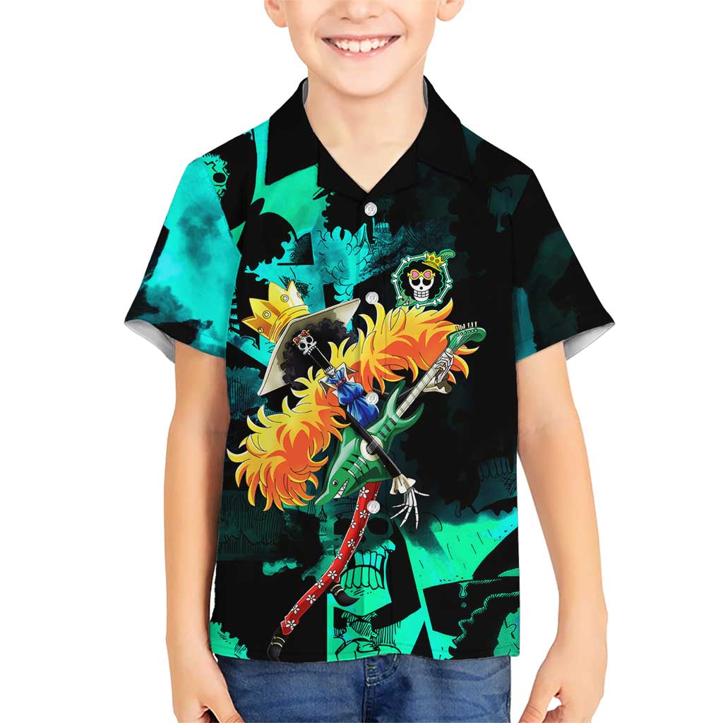 Brook One Piece Green and Black Theme Kid Hawaiian Shirt with Soul King Guitar and Skeleton Jolly Roger Design - The Mazicc
