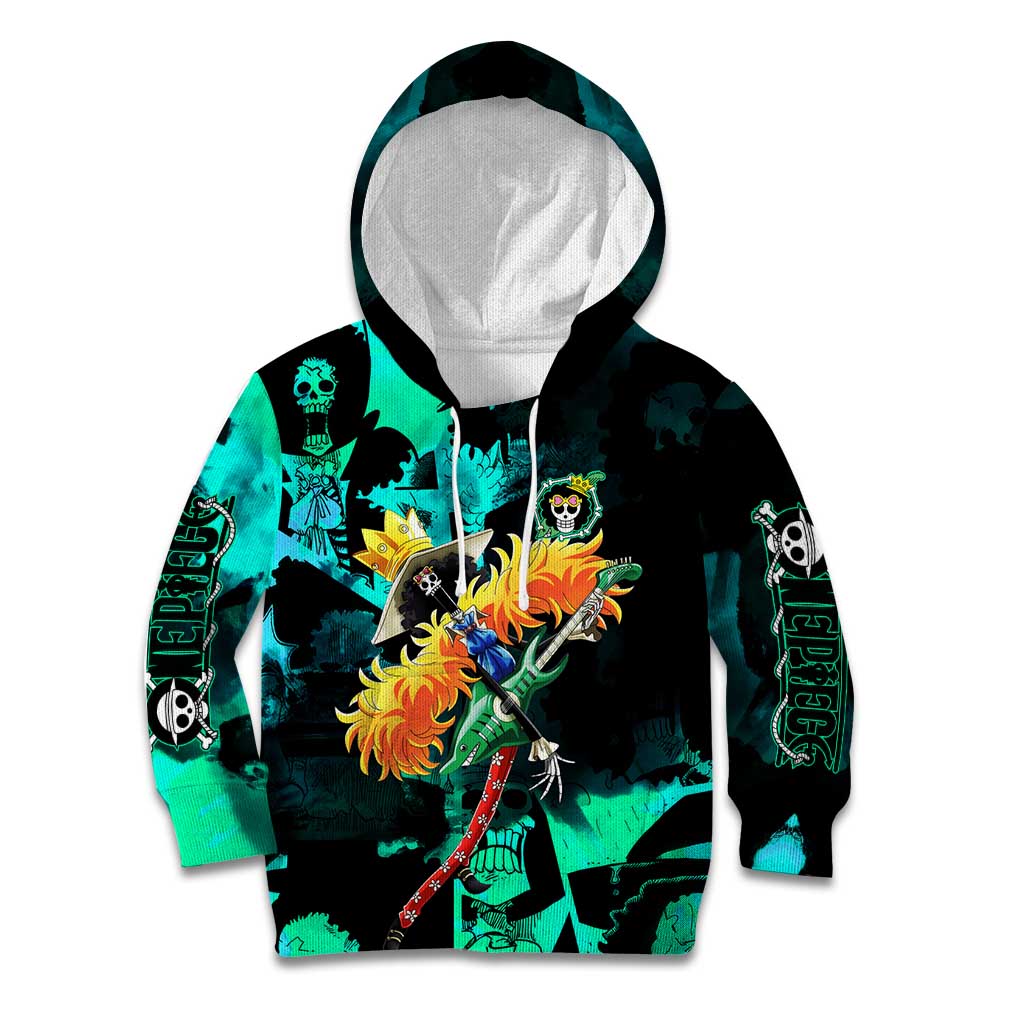 Brook One Piece Green and Black Theme Kid Hoodie with Soul King Guitar and Skeleton Jolly Roger Design - The Mazicc